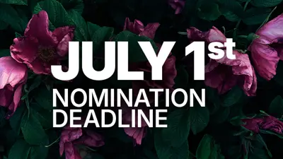 "July 1 Nomination Deadline" with purple flowers and green leaves.
