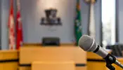 The podium and microphone in the City of Niagara Falls Council Chambers.