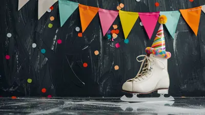 A white ice skate with a party hat placed on top of it. A colourful banner and confetti are in the background.