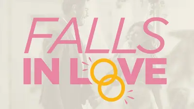 Graphic pink text Falls In Love on a background of a bride and groom