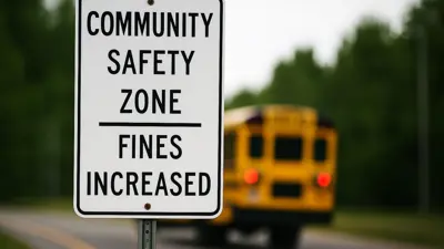 Community Safety Zone Fines Increased road sign, on a post next to a road with a school bus in the background.