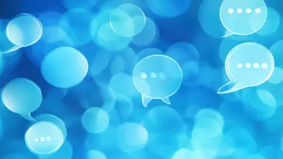 Graphics of speech bubbles on a blue background.
