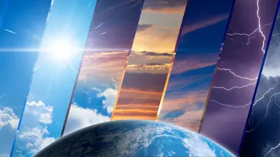 Graphic of the earth and rows of sunny, hot and thunder storm graphics.