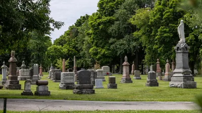Niagara Falls Fairview Cemetery showing monuments, green trees and green grass.