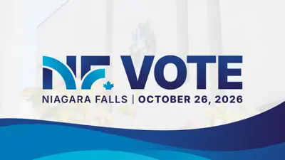 Graphic image of the City of Niagara Falls logo and blue text "Vote October 26, 2026" with City Hall in the background.