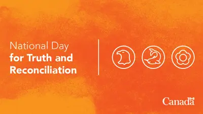 Government of Canada orange artwork showing an eagle, a narwhal, a beaded flower, a circle and a winding path. Text reads: National Day for Truth and Reconciliation