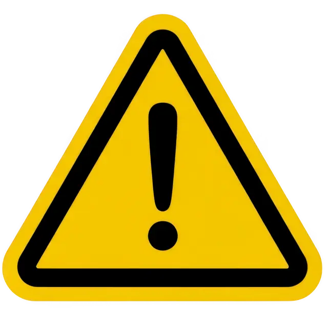 Bright yellow warning triangle exclamation mark symbol isolated on transparent background.