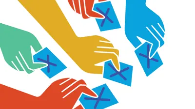 Graphic of blue, green and red hands picking up envelopes