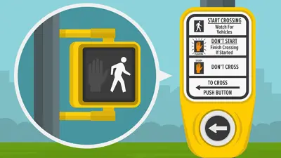 Street crossing instructions on a pedestrian signal with arrow button. Flat vector illustration.
