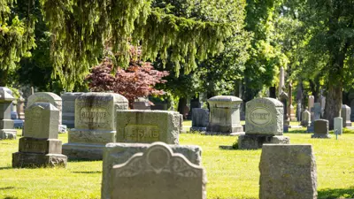 Fairview Cemetery in the summer with gravestones, green trees and green grass.