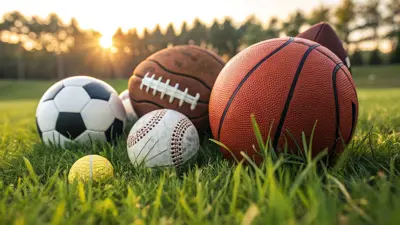 Sports balls placed on the grass including a soccer ball, football, tennis ball, baseball and basketball. Sun is shining through trees in the far background.