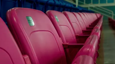 Close up of pink seats at the Gale Centre Arena in Niagara Falls.