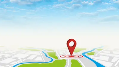 A graphic illustration of a red map marker on a map with blue sky above.